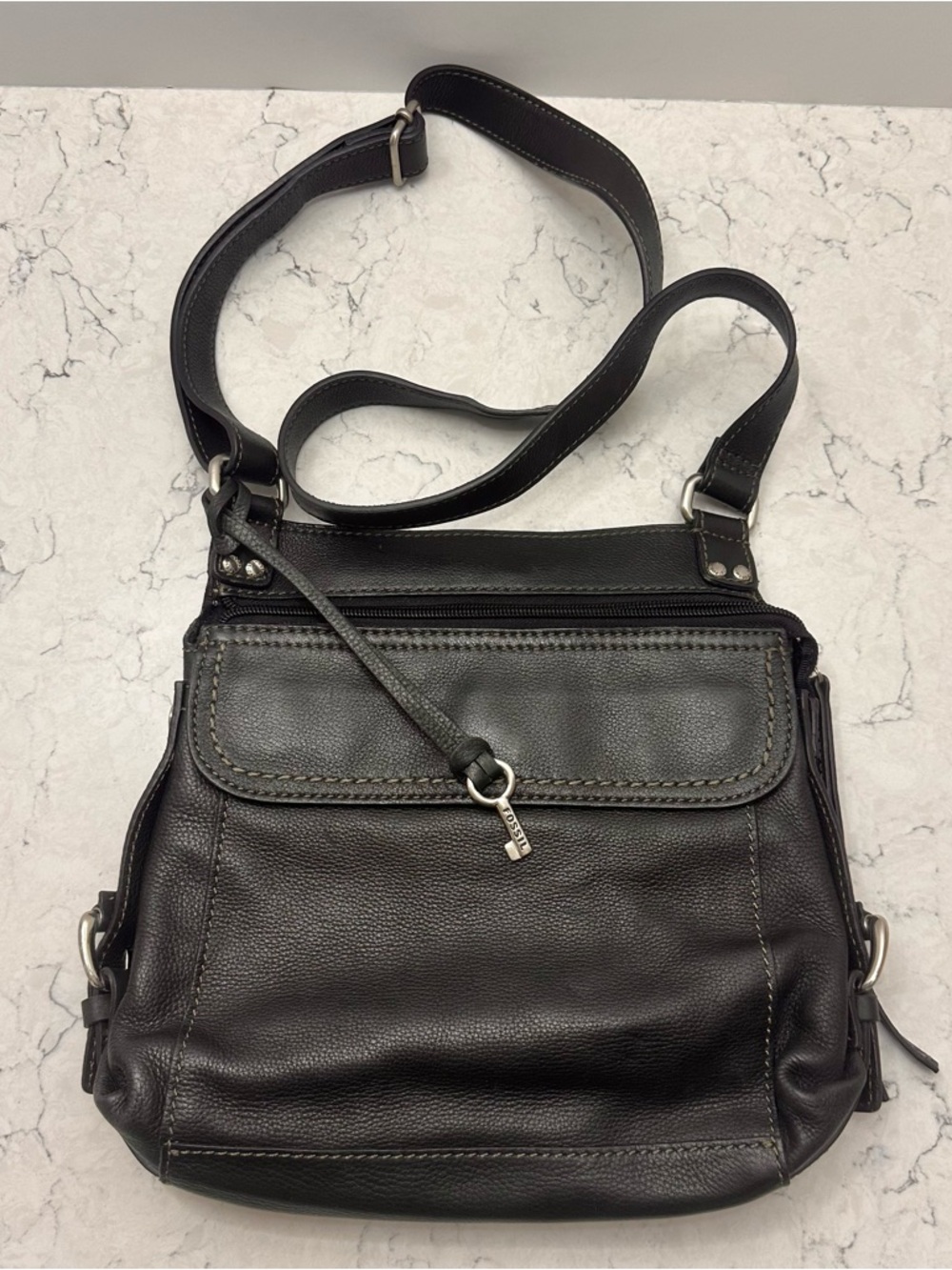 Fossil Black Leather Purse Crossbody Shoulder Bag Pebbled Silver Hardware